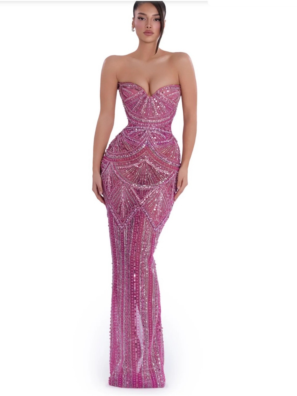 Strapless Pink Beaded Sequin Evening Gown